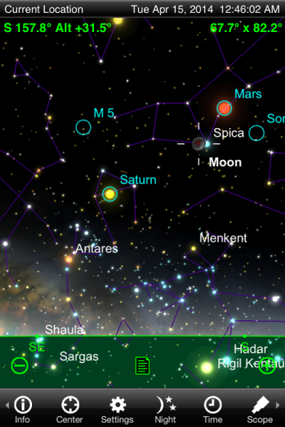 This is a Sky Safari screenshot of the location of Mars and the Moon at the peak of the lunar eclipse.